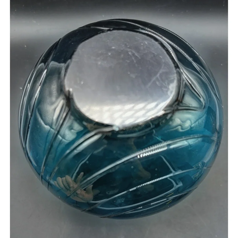 Vintage Teal Blue Hand Blown Art Glass Vase Ruffled Rim Optic Ribbed Bulbous 7